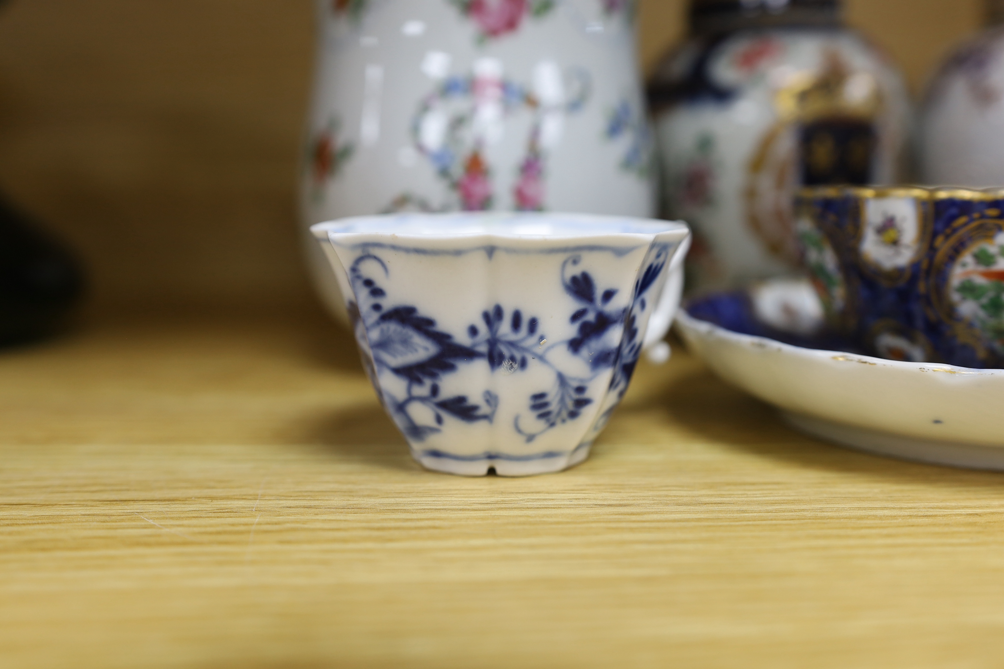 Samson-type porcelain tableware including baluster mug, 12.5cm high, and a Dresden lobed cup